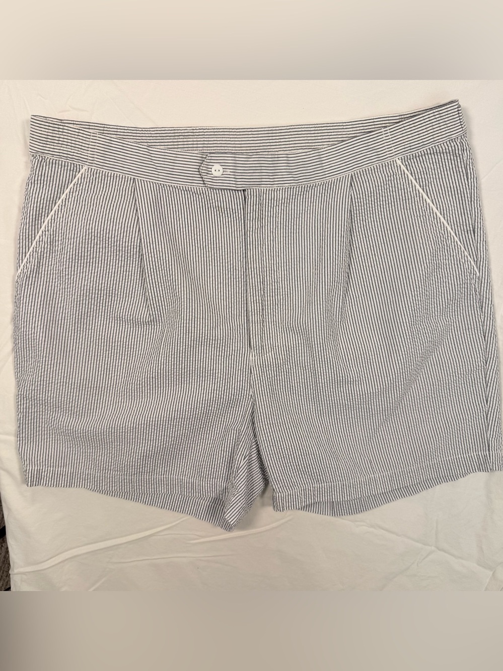 Dior Men’s Blue/Gray & White Seersucker Shorts L 4” Piping Coastal Summer